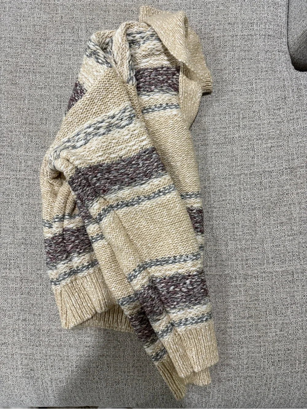 Falls Creek Beige Knit Pullover Sweater L Striped Pattern Long Sleeve Collared